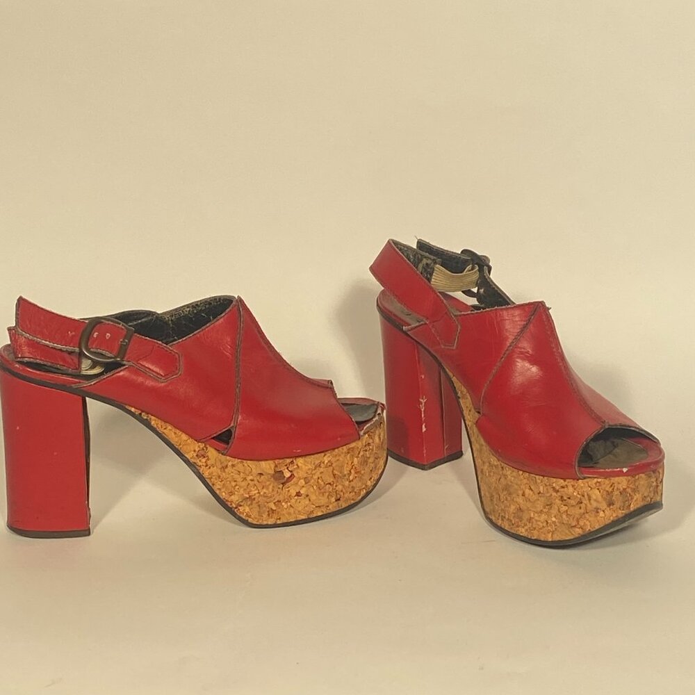 Italian Red Leather 1970 Platform Disco Ankle Strap Cork Wood Heel Size 7M